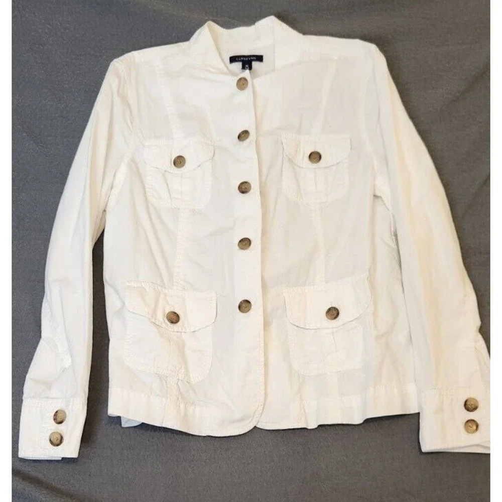 Women White 100% Cotton Military Jacket Land's End, Button‎ Front Size M